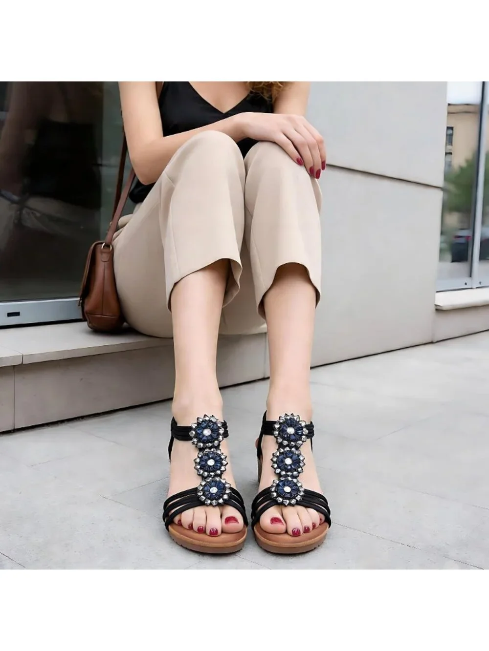 Women's Black Floral Rhinestone Elastic Slingback Low Wedge Heel Sandals Shoes